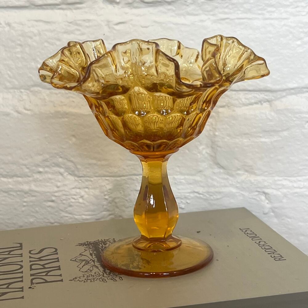 Vintage Amber Pressed Fenton Glass Vases, Ruffle Top Candy Dish